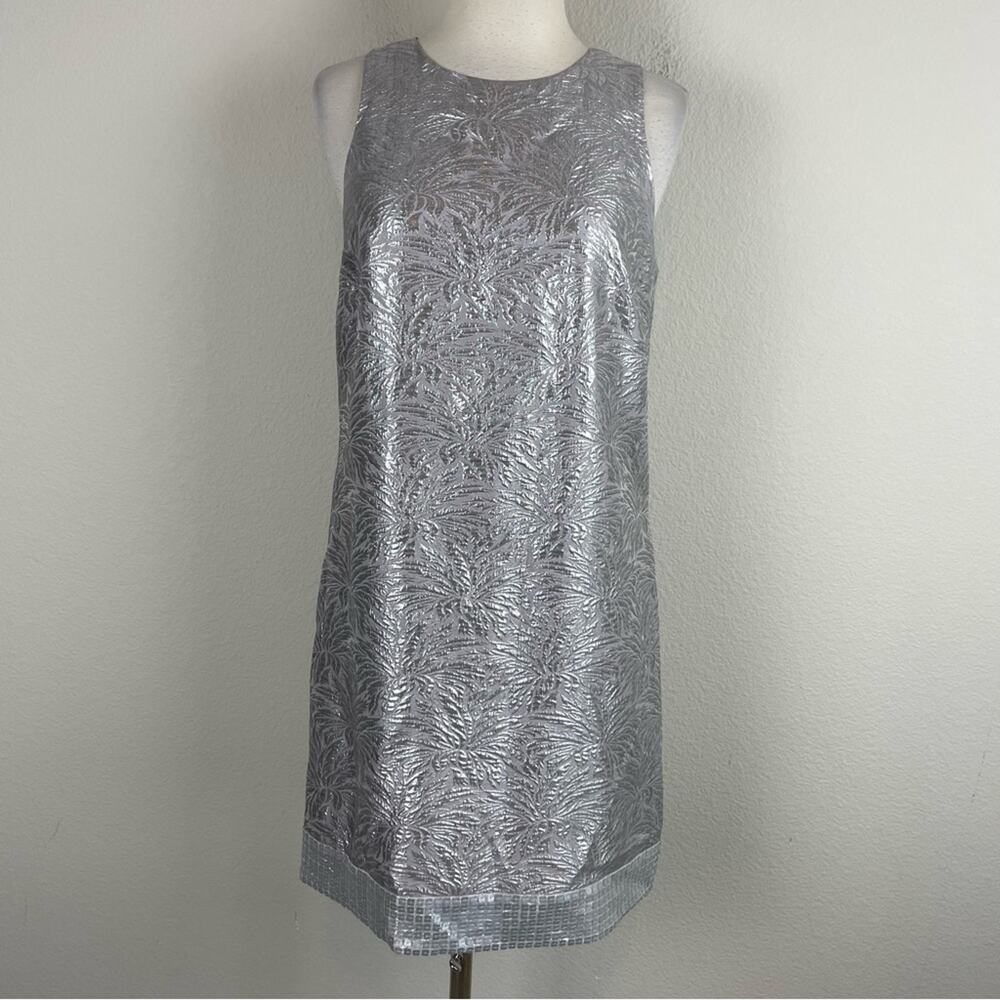 Ali Ro Silver Silk Blend Jacquard Sequin Shift Dress 6 - Picture 2 of 8